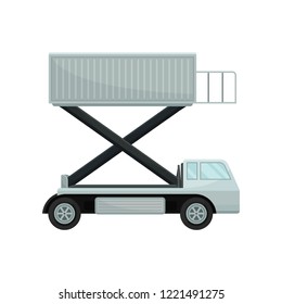 Aircraft passenger lift or catering truck, side view. Equipment for plane boarding. Airport theme. Flat vector design