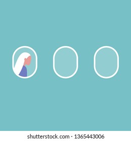 Aircraft passenger sitting near by the window. Travel. Flight. Flat editable vector illustration, clip art. Travelling millennials.