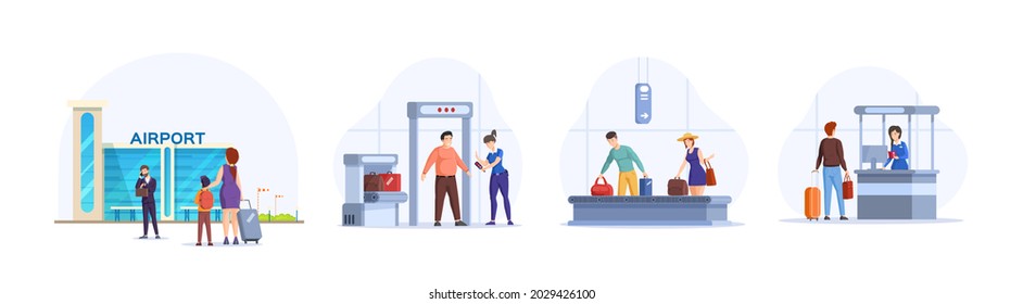 Aircraft passengers or tourists at airport set. Man, woman and children at check-in, baggage reclaim area, border inspection and arriving. Boarding terminal zone, travel tour tourism flat vector