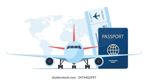 Avión, pasaporte con billete de avión, mapa del mundo en el fondo. Tiempo para viajar concepto. Viajar en avión. Vuelo internacional. Ilustración vectorial para póster, Anuncio