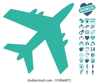 Aircraft pictograph with bonus dating design elements. Vector illustration style is flat iconic cobalt and cyan symbols on white background.