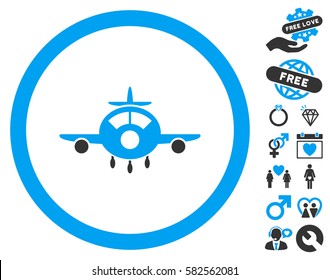 Aircraft pictograph with bonus decoration graphic icons. Vector illustration style is flat iconic blue and gray symbols on white background.