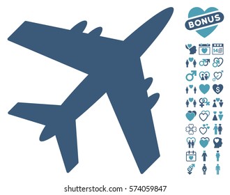 Aircraft pictograph with bonus valentine images. Vector illustration style is flat iconic cyan and blue symbols on white background.