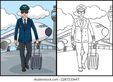 Aircraft Pilot Coloring Page Colored Illustration