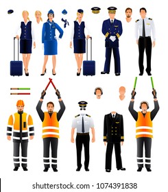 Aircraft pilot, stewardess and air traffic controller uniform. Set. Vector isolated on white background illustration