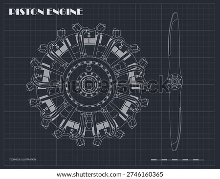 Aircraft piston engine. Outline blueprint. Rotor radial motor. Industrial drawing. Sketch of retro machine. Aviation banner. Vector illustration