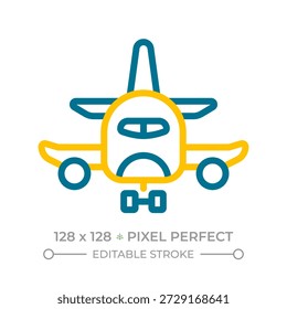 Píxel de avión perfecto icono de línea de dos colores. Avión de pasajeros. Viajar en avión con seguridad. Símbolo de contorno bicolor de transporte público. Pictograma lineal duotono. Ilustración aislada. Trazo editable