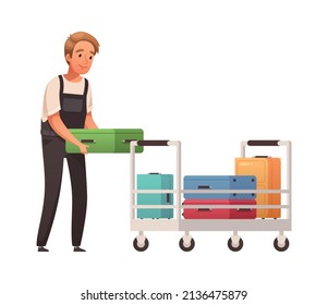 Aircraft plane airport staff people cartoon composition with isolated human character of freight handler with suitcases vector illustration