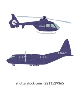 Aircraft Or Plane And Helicopter As SWAT Vehicle Or Rescue Vehicle And Police Tactical Unit Vector Set