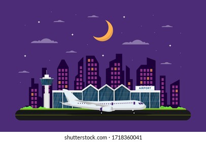 Aircraft Plane in Runway Airport Terminal Building Landscape Skyline Illustration