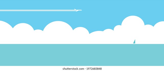 Aircraft or plane in the sky with fluffy clouds above the sea and sail in the distance vector illustration