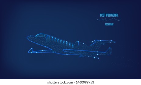 Aircraft from Polygonal, triangles and points. Concept of business trip, travel or tourism. Background of beautiful dark blue night sky. Low poly.