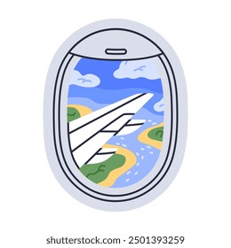 Ojo de buey de avión. Vista de la ventana del avión volador con cielo y paisaje, nubes, colinas y vista de la ventana del plano del océano Ilustración vectorial plana. Skyscape del viaje del avión