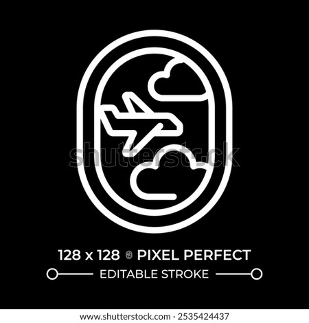 Aircraft porthole white linear icon for dark theme. Plane in clouds outside window. In-flight experience and scenic view. Thin line illustration. Isolated symbol for night mode. Editable stroke