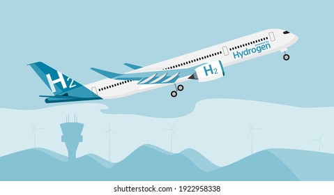 Aircraft powered by hydrogen. Vector illustration