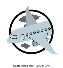 Aircraft produce CO2 carbon gas fumes flat vector illustration isolated on white. Greenhouse gas effect caused by transportation. CO2 emission reduction, zero carbon footprint, stop global warming.