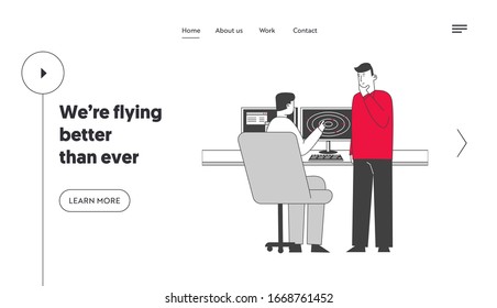 Aircraft Profession, Aviation Workers Characters Landing Page Template. Air Controller Pointing on Radar with Red Indicators Explain Working Situation to Boss. Linear People Vector Illustration