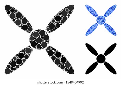 Aircraft propeller mosaic of filled circles in different sizes and color hues, based on aircraft propeller icon. Vector filled circles are composed into blue mosaic.