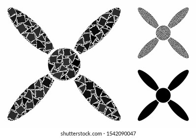 Aircraft propeller mosaic of rugged elements in different sizes and shades, based on aircraft propeller icon. Vector tuberous elements are grouped into collage.