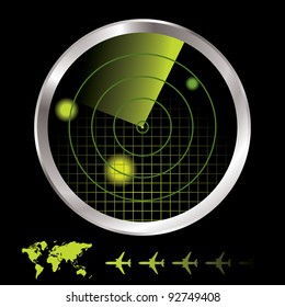 Aircraft radar for airport with world map and plane icon