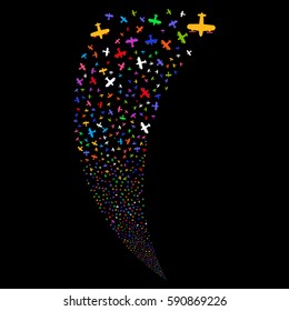 Aircraft random fireworks stream. Vector illustration style is flat bright multicolored iconic symbols on a black background. Object fountain made from scattered pictograms.