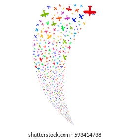 Aircraft random fireworks stream. Vector illustration style is flat bright multicolored iconic symbols on a white background. Object fountain done from scattered symbols.