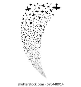 Aircraft random fireworks stream. Vector illustration style is flat black iconic symbols on a white background. Object fountain organized from scattered design elements.