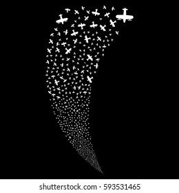 Aircraft random fireworks stream. Vector illustration style is flat white iconic symbols on a black background. Object fountain constructed from scattered pictographs.
