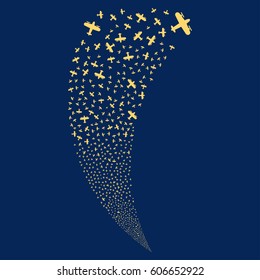 Aircraft random fireworks stream. Vector illustration style is flat yellow iconic symbols on a blue background. Object fountain created from scattered icons.