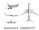 Aircraft realistic. Set of white airplane in top side and front views isolated on white background 