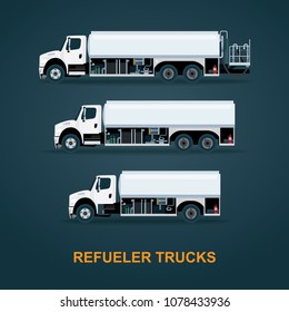 Aircraft refueler trucks set. Airplane maintenance service. Tank cars illustration set.