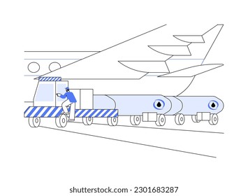 Ilustración abstracta del vector de reabastecimiento de combustible para aeronaves. Proceso de reabastecimiento y mantenimiento de aeronaves, transporte aéreo, transporte comercial, metáfora abstracta de la industria de la aviación.