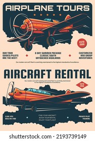 Aircraft rental and airplane tours retro posters. Airplane travel and tourist aviation flight tours vector banners. Pilot training club or school flyer with vintage propeller plane flying in clouds