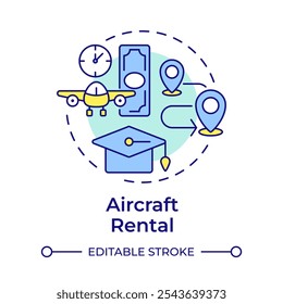 Aircraft rental multi color concept icon. Jet hire, service. Commerce, business. Round shape line illustration. Abstract idea. Graphic design. Easy to use in infographic, presentation