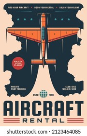 Aircraft rental service, vintage vector poster with retro airplane. Air plane travel tours and private jet flights, aviation adventure and aviators club training, aircraft booking and rental