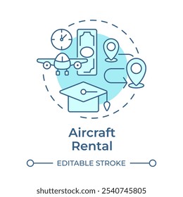 Aircraft rental soft blue concept icon. Jet hire, service. Commerce, business. Round shape line illustration. Abstract idea. Graphic design. Easy to use in infographic, presentation