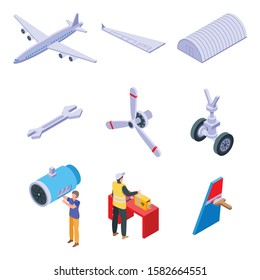 Aircraft repair icons set. Isometric set of aircraft repair vector icons for web design isolated on white background