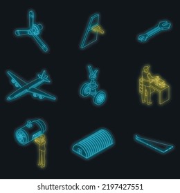 Aircraft repair icons set. Isometric set of aircraft repair vector icons neon color on black