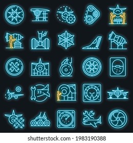 Aircraft repair icons set. Outline set of aircraft repair vector icons neon color on black