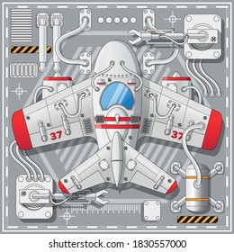 Aircraft Repair. Industrial Robots. View From Above. Vector Illustration.