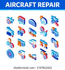Aircraft Repair Tool Collection Icons Set Vector. Aircraft Engine And Chassis, Helicopter And Airplane, Master And Hangar Isometric Illustrations