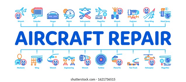 Aircraft Repair Tool Minimal Infographic Web Banner Vector. Aircraft Engine And Chassis, Helicopter And Airplane, Master And Hangar Concept Illustrations