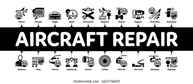 Aircraft Repair Tool Minimal Infographic Web Banner Vector. Aircraft Engine And Chassis, Helicopter And Airplane, Master And Hangar Concept Illustrations