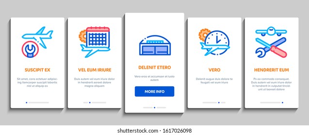 Aircraft Repair Tool Onboarding Mobile App Page Screen Vector. Aircraft Engine And Chassis, Helicopter And Airplane, Master And Hangar Concept Linear Pictograms. Color Contour Illustrations