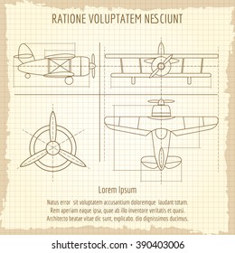 Aircraft retro drawing. Plane vintage blueprint, vector illustration