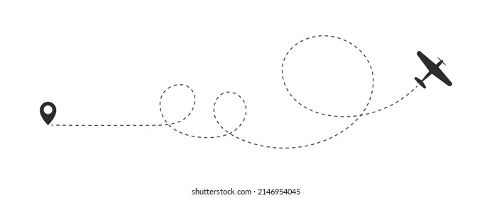 Aircraft route dotted lines. Aircraft flight line. Airplane silhouette. Vector illustration