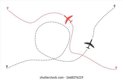 Líneas de puntos de rutas aéreas, elemento de diseño de concepto vectorial. Turismo y viajes. Ruta turística en avión. Sigue las líneas punteadas del viajero.