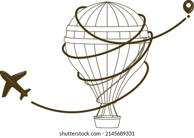 Aircraft route. Vector travel illustration with hot air balloon and airplane. Movement from the starting point. Travel around the world. Time to travel. In sketch style. Vintage. 