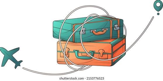 Aircraft route. Vector travel illustration of suitcases and airplane. Air travel, tourism, adventure, journey. Vector illustration for banner, poster, website, advertising. Travel concept.