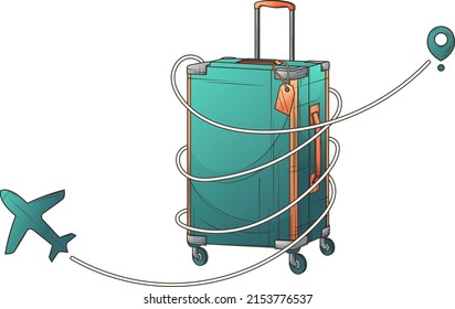 Aircraft route. Vector travel illustration of baggage and airplane. Air travel, tourism, adventure, journey. Vector illustration for banner, poster, website, advertising. Travel concept.